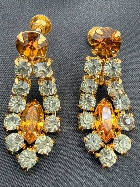 Vintage Amber Rhinestone Dangle Clip-On Earrings Gold Tone Glam